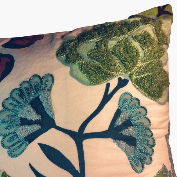 Pier 1 Floral Embroidered Decorative Pillow 15x15 Green Blue Striped Cushion - Picture 5 of 9